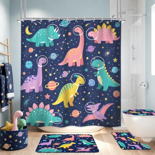 4PCS Kids Dinosaur 71Wx71H Inches Funny Cute Planet Colorful Outer Space Shower Curtain Sets with Rugs, Toilet Lid Cover and Bath Mat, Boys Bath Accessories Art Home Decor Fabric 12 Pack Hooks - color: C1-blue