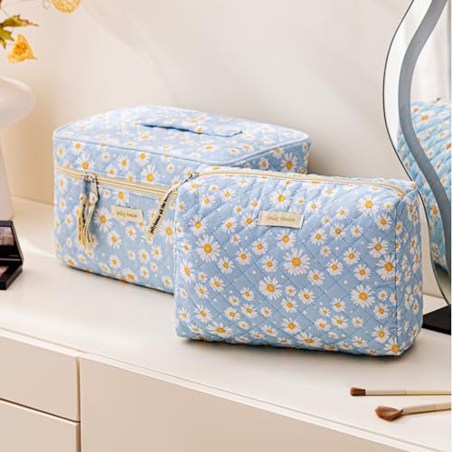 HBselect Quilted Makeup Bag, 3PCS Cotton Large Travel Makeup Bag, Cute Floral Coquette Make up Bag Cosmetic Bag Toiletry Bag for Women Girls - color: A-3PCS-Daisy