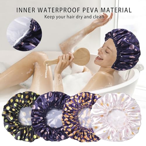 4 PCS Shower Cap for Women, Elastic and Reusable Bath Caps, Double Layers Shower Caps Reusable Waterproof, Bathing Shower Caps, Environmental Bath Hair Protection Cap - Ginkgo Leaf - color: Ginkgo Leaf