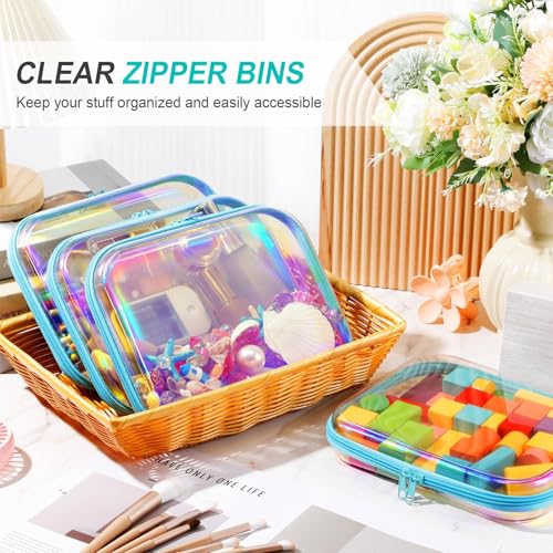 Hoolerry 4 Pcs Hard Clear Zipper Case Makeup Bags Plastic Zipper Pouch Transparent Storage Box Containers for Cosmetics, Snacks, Building Blocks, Puzzles(Clear,9.8 x 7.9 x 2 in,Blue Laser) - color: Blue Laser, size: 9.8 x 7.9 x 2 in
