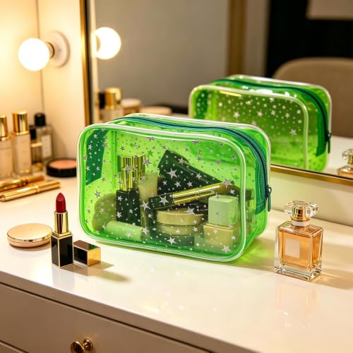 Waterproof Makeup Bag with Silver Stars, Pink Clear Cosmetic Pouch, 7x2.3x4.7 Inches, TSA Approved Travel Toiletry Organizer, 2 Pack (Green+Star) - color: Green+Star