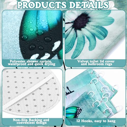 FuWeave 8 Pcs Rustic Farmhouse Shower Curtain Sets for Bathroom Daisy Floral and Butterfly Shower Curtain Sets with Rugs, Flowers Towels, Non-Slip Rug, Toilet Lid Cover, Bath Mat and 12 Hooks(Teal) - color: Daisy