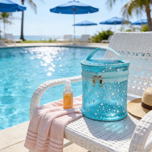 Waterproof Blue Star PVC Makeup Bag - 7.1x6.3in Barrel Cosmetic Organizer with Zipper, Portable Toiletry Pouch for Women & Men (Blue) - color: Blue