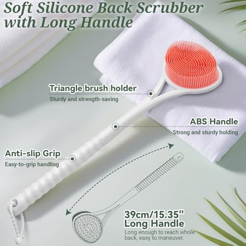 Silicone Back Body Face Scrubbers Set 4PCS, 15.35’’ Back Scrubber Soft Body Scrubber for Dual-Side Usage, Easy-to-Hold Soft Bath Glove & Face Scrubber for Good Foaming Deep Cleaning(Pink) - color: Pink*4