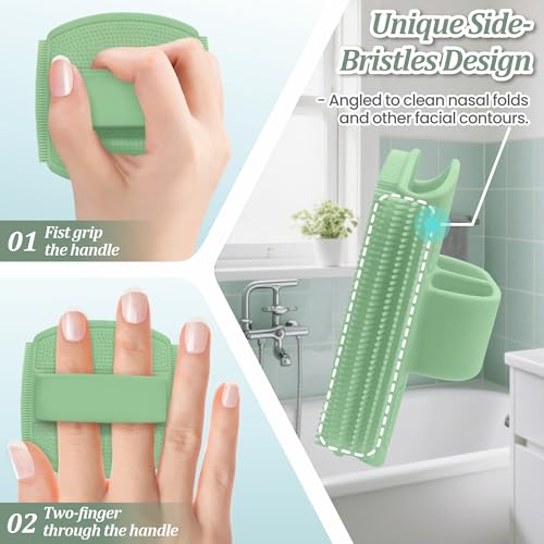 Silicone Back/Body/Face Scrubber & Lymphatic Contour Face Brush Set 4PCS, 13.4'' Soft Back Scrubber, 360° Anti-Slip Bath Glove, Unique Side-bristled Face Scrubber for All-Round Cleaning(Green) - color: Green*4