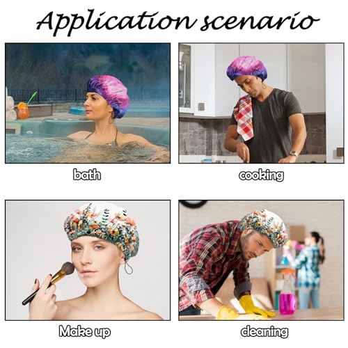 2 PCS Shower Cap Reusable Waterproof Adjustable Double Layer Elastic Dry Hair Bathing Caps Aesthetic Cute for Women Girls-Heart Flower - color: H-15-Heart Flower