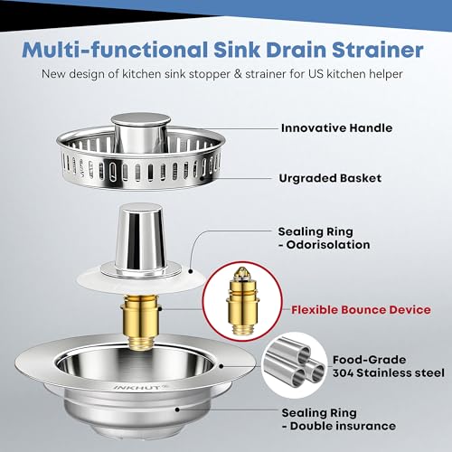 Upgraded 3 in 1 Kitchen Sink Drain Strainer - Stainless Steel Sink Stopper, Anti-Clogging Food Catcher Basket, Sink Bounce Core Drain Strainer Plug for US Standard 3 1/2 inch Drain (Mirror Silver) - color: Mirror Silver