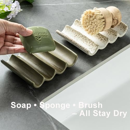Bar Soap Holder, Ceramic Soap Dish for Shower, Bathroom Soap Saver with Drainage, Bathroom and Kitchen Sink Organizer, Keep Soap Dry - color: Matcha Green, size: Fluted