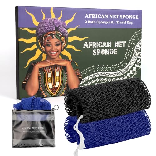 Bathway African Net Sponge Authentic with Handles (Set of 2), African Exfoliating Net Sponge, Exfoliating Body Scrubber Bath Sponge - Bathing Accessories with Storage Bag (Blue & Black) - color: Blue & Black
