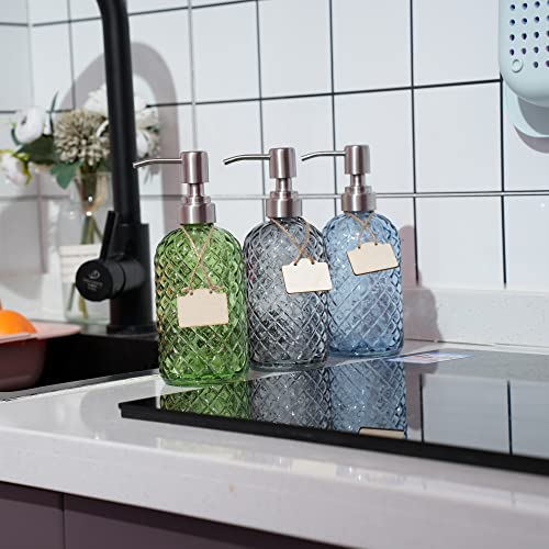16 oz Diamond Pattern Glass Soap Dispenser, Kitchen and Bathroom Refillable Soap Dispenser with Rust Resistant Stainless Steel Pump for Hand Soap, Lotion Glass Liquid Dispenser (Blue) - color: Blue