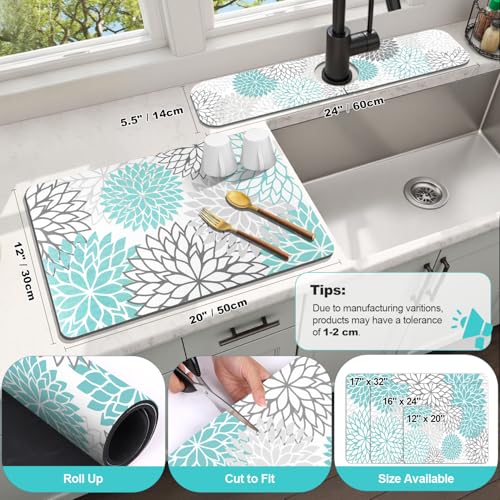 Findosom 2PCS 12" x 20" Dish Drying Mat & 24" x 5.5" Sink Splash Guard, Super Absorbent & Cuttable Dish Mat Drying Kitchen Mat with Teal Floral, Hide Stain Drying Mat for Kitchen Counter - color: Teal, size: 12" X 20" + 24" X 5.5"
