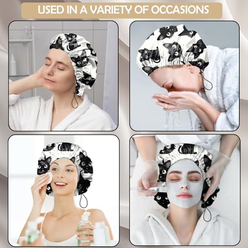 2 PCS Shower Cap Adjustable Reusable Double Waterproof Layer Elastic Hair Bath Cap Cute Aesthetic for Women Girls-Cats - color: I24-Cats