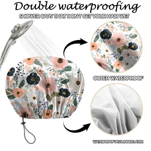 2 PCS Shower Cap Reusable Waterproof Adjustable Double Layer Elastic Dry Hair Bathing Caps Aesthetic Cute for Women Girls-Butterfly Flower - color: H-16-Butterfly Flower