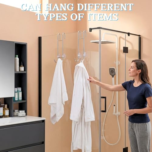 Shower Door Towel Hooks (2-Pack), 9"~13" Length Adjustable Hook for Framed & Frameless Over the Door Glass, Squeegee Holder, Towels Hanger for Bath Suits Rozer Robes Loofahs Shavers, Silver | Fit for Frameless & Framed Doors, Anti-Scratch, Rustproof Towel