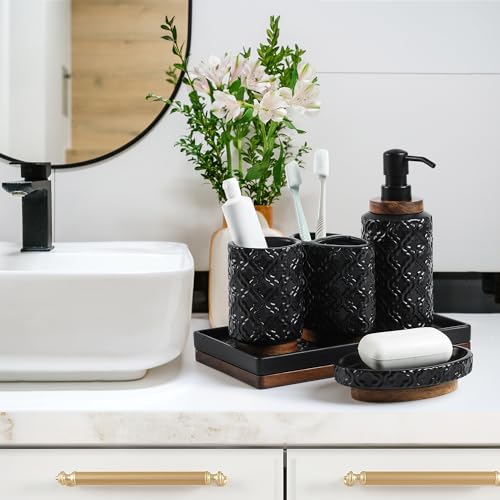 RQYIXI Elegant Bathroom Accessories Set 6 PCS Ceramic and Wood Bathroom Accessory Set Soap Dispenser Toothbrush Holder Tumbler Soap Dish Tray Trash Can Easy to Clean Quatrefoil Pattern Black - color: Black Trash Can