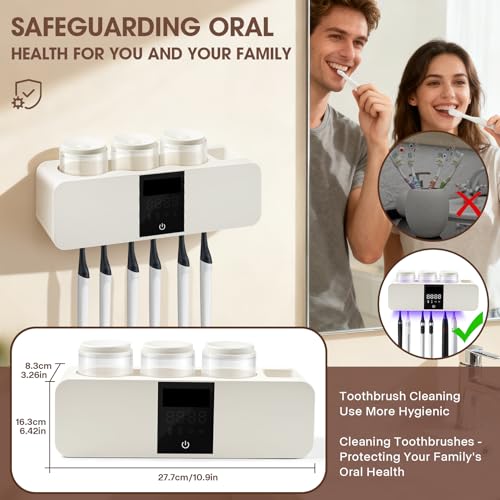 LXIANGN 3 in 1 Toothbrush Cleaner Holders for Bathrooms,Wall Mounted Toothbrush Holders with Drying and Cleaning,Smart LED Screen,6 Toothbrush Slots,3 Cups and Toothpaste Dispenser (White) - color: White