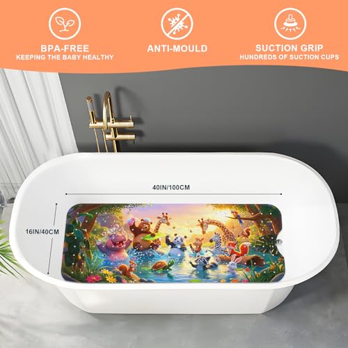 XIYUNTE Upgrade Baby Bath Mat Non Slip - 40"x16" Extra Long Kids Bath Mat for Tub Non Slip Bathtub Mat Eco-Friendly Toddler Bath Mats with Suction Cups, Machine Washable and No Fading, Animal Dusk - color: Y-dusk