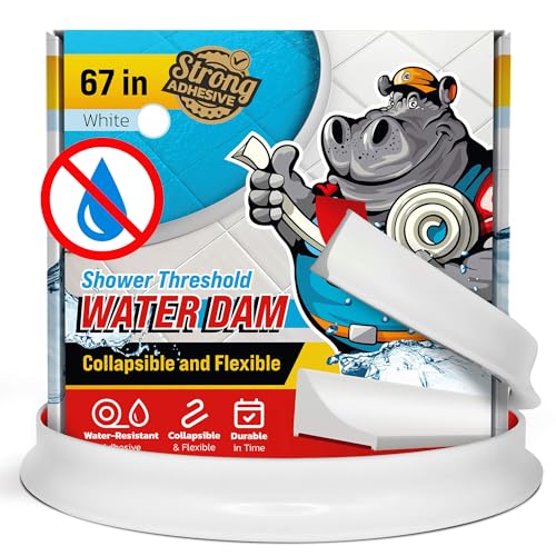 Shower Threshold Water Dam Barrier 67" - White Collapsible Walk in Shower Water Guard - Door Bottom Seal Strip Leak Guard by Hippo Dam - color: White, style: 67