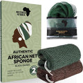 MOTHER AFRICA African Net Sponge Authentic with Knots 2 Pack Black Owned Exfoliating Body Scrubber Bath Sponge for Shower Washcloth Loofah Gentle Deep Cleansing Back Scrubber Face & Body Men & Woman - color: Dark Green & Brown