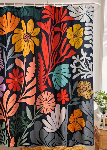 RoomTalks Black Floral Shower Curtain for Funky Aesthetic Bathroom Decor - Heavy Duty Modern Abstract Matisse Flowers Cute Colorful Botanical Shower Curtain Set - color: Colorful Black, size: 72"W x 72"L (Pack of 1)