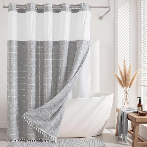Farmhouse Shower Curtain with Snap-in Liner, No Hooks Needed Fabric Shower Curtains with Tassels for Rustic Bathroom Decor, with Window,with Magnets,Water Repellent&Machine Washable,Grey,71x74Inch - color: Grey-window, size: 71"W x 74"L (Pack of 1)