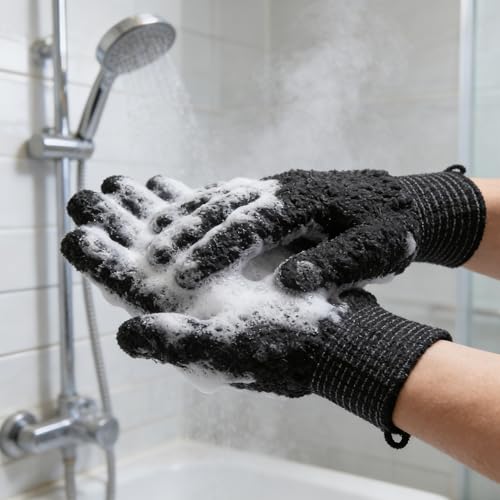 Exfoliating Bath Gloves 2 Pairs - Heavy Texture Body Scrub Gloves for Shower, Spa, Massage and Body Scrubs, Dead Skin Remover, Washing Gloves with Hanging Loop(Black2) - color: Black2