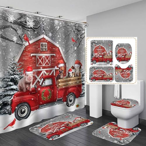 4PCS Christmas Shower Curtain Sets with Rugs, Waterproof Fabric Shower Curtain, Funny Farm Animal Pig Donkey Cow Sheep Cardinal Red Truck Barn Xmas Tree Snowflake Holiday Winter Bathroom Decor - color: Funny Farm Animals