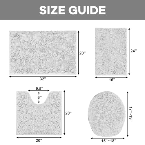 RUN HELIX White Bathroom Rugs Sets 4 Piece with Toilet Lid Cover, Non Slip Bathroom Mats Extra Soft Chenille Bath Rugs Absorbent Shaggy Rugs Perfect Plush Mats U-Shaped Toilet Rug Batroom Set - color: White, size: 1'8" x 2'8" (Square + oval + U-shape)