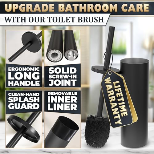 Stainless Steel Toilet Brush and Holder Set, Splash Guard (Black) | Matte Black Toilet Brush and Holder Set, Removable Bowl, Dense Bristles, Long Handle, Scratch Resistant, for Modern Bathrooms - color: Black