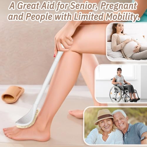 New Foot Brush with Adjustable Long Handle, 3-in-1 Foot Scrubber for Wet or Dry Brushing, 10.2’’- 27.5’’ Foot Scrub Brush for Senior, Pregnant, Disabled, or Injured, Gift-Box Packed(White) - color: White