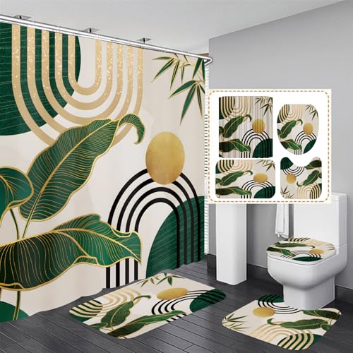 LQCOOL 4Pcs Green Shower Curtain Set, Boho Bathroom Sets,Shower Curtain with 12 Hooks, Bamboo Leaf Bathroom Sets with Shower Curtain and Rugs - color: Green Yellow
