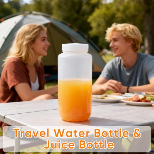 DEMORA 32 oz Plastic Bottles with Lids, Airtight Refillable Wide Mouth Travel Bottles for Toiletries, HDPE Food Grade Plastic Containers for Liquids Pill Water Sample Lab Reagent (Translucent, 2 Pcs) - color: Translucent, size: 32 oz