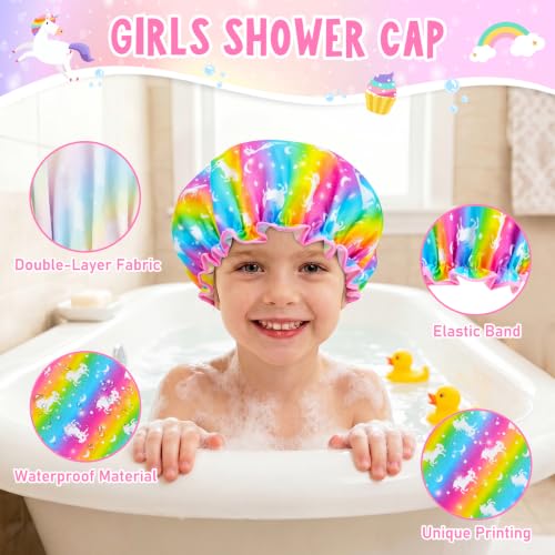 Olypegic Kids Shower Cap, 3 Pcs Girls Shower Cap for Kids Reusable Waterproof Adjustable Large Hair Cap Unicorn Mermaid Rainbow Cute Hair Cover Hat - color: Rainbow