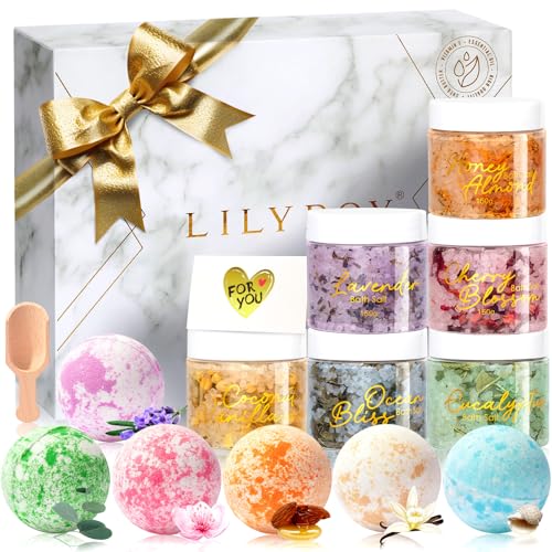 Gifts for Women & Men, Birthday Gifts - 15 Pcs Luxurious Spa Gift Set Bath and Body Gift Set for Mom Dad | Perfect Valentines Day, Christmas, Mothers Day with 6 x 150g Bath Salt 6 x 100g Bath Bomb