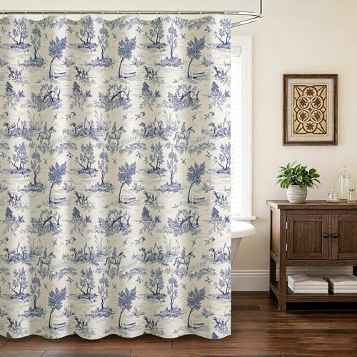 MUGINYU French Toile de Jouy Shower Curtain Linen 72x72 - Blue Countryside Landscape with Sheep, Dogs, Trees, Farmhouse Bath Decor - color: Toile De Jouy Dog