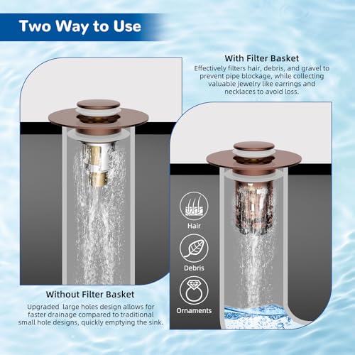Hibbent Upgraded 3 in 1 Bathroom Sink Drain Strainer, Universal Pop Up Stopper with Removable Stainless Steel Filter Basket Hair Catcher, Sink Plug for 1.1''~2.36'' Basin, Brass Bullet Core, Rose Gold - color: Rose Gold