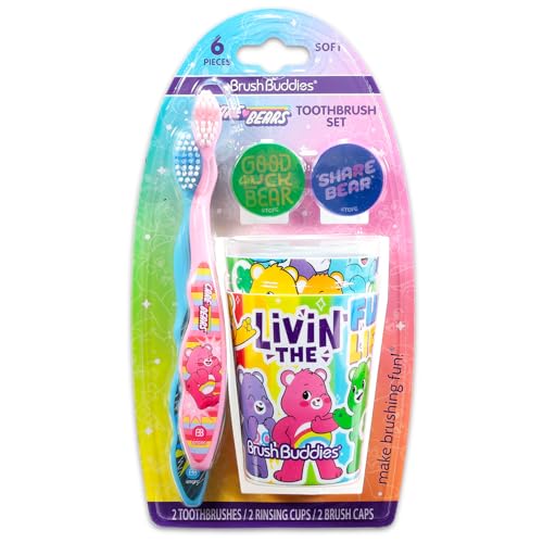 Care Bears Toothbrush and Cup Set for Kids - Bundle with 2 Toothbrushes, 2 Cups, Brush Caps, Stickers, More | Care Bears Dental Care for Girls