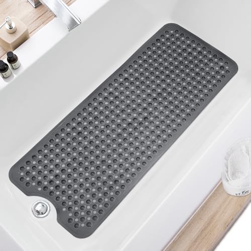 TEESHLY Bath Tub and Shower Mats, Non Slip 40 x 16 Inch Extra Large Bathtub Mat, Machine Washable Bathmat with Drain Holes, Suction Cups for Bathroom Floor, Clear Black - color: Black (Translucent)