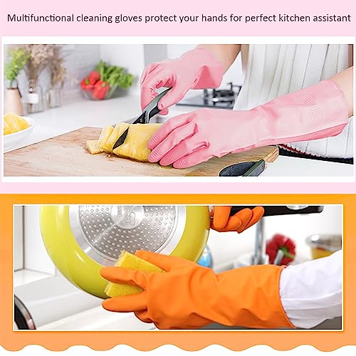 Alimat PluS 3 Colors Rubber Dishwashing Gloves Without Liner, Reusable Cleaning Gloves Latex Free, Waterproof Household Cleaning Gloves for Laundry, Gardening(Large) - color: Pink+green+orange, size: Large (Pack of 3)