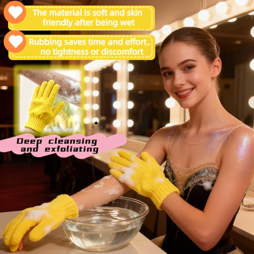 4-Pack SpaGlow Exfoliating Bath Gloves - Body & Face Scrub for Smooth Skin, Prevent Acne, Unclog Pores. Deep Cleansing and Massage Spa Gift Set for Women/Men, Yellow and green