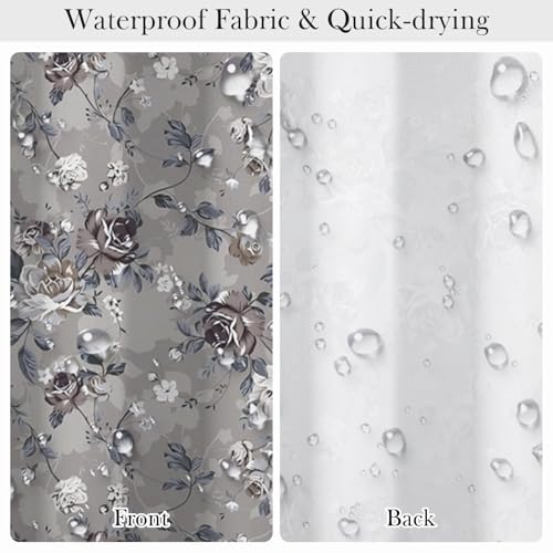 Vintage Grey Floral Shower Curtain 74 Inches Long - Dark Rose Flower Botanical Print Bathroom Curtain with Rust-Proof Hooks, Waterproof Fabric Bath Tub Curtain for Traditional Home Decor - color: Floral-j
