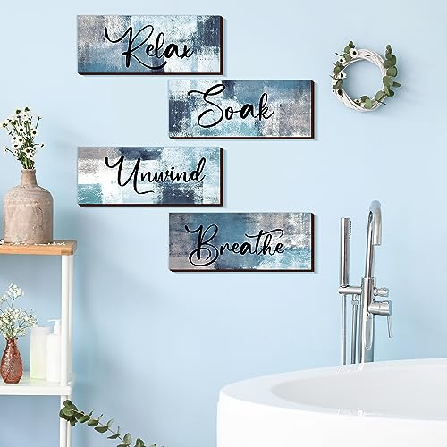 Maitys 4 Pcs Bathroom Wall Decor 10 x 4 Inch Bathroom Wall Art Contemporary Wood Restroom Pictures for Soak Unwind Relax Hanging Sign Spa Rustic Vintage Farmhouse Pediments(Blue, White) - color: Blue, White