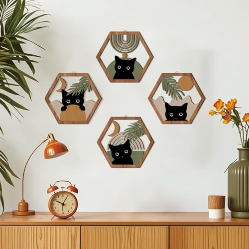 HPNIUB Boho Black Cat Wall Decor, Farmhouse Geometric Hanging Wooden Wall Art, 4 Pieces 11''x9.8'' Mid Century Bohemian Abstract Moon and Sun Wood Sign for Nursery Bedroom Decoration, Lovely Cat Gifts - color: Black cat[green style]