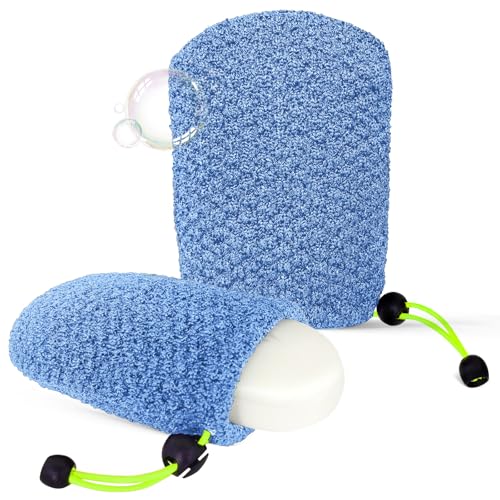 MIG4U Exfoliating Soap Bag for Shower 2 Pieces - Bar Soap Saver Pouch, Bamboo Body Scrubber Exfoliator Pocket in Travel Bathing, Blue - style: 1 exfoliation level - Blue