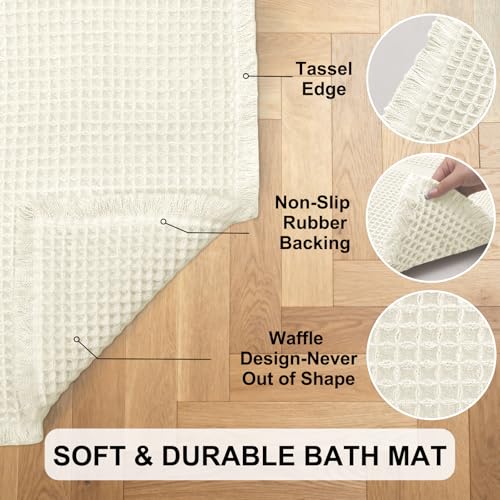 Hiasan Set of 2 Waffle Bath Mat, Super Absorbent Non Slip Bathroom Boho Rug with Tassels, Machine Washable Bath Mats for Bathroom, Ultra Soft Rubber Backed Rug, Cream, 16" x 24" + 20" x 32" - color: Cream, size: 16" x 24" + 20" x 32"