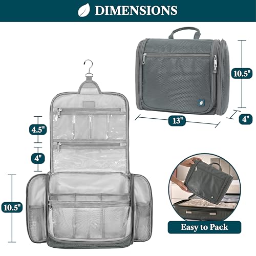 PAVILIA Large Hanging Toiletry Bag for Women Men, Travel Cosmetic Organizer with 10 Compartments, Swivel Hook and 3 Leakproof Pockets, Water Resistant Makeup Case, Packs Flat, Black - color: Grey