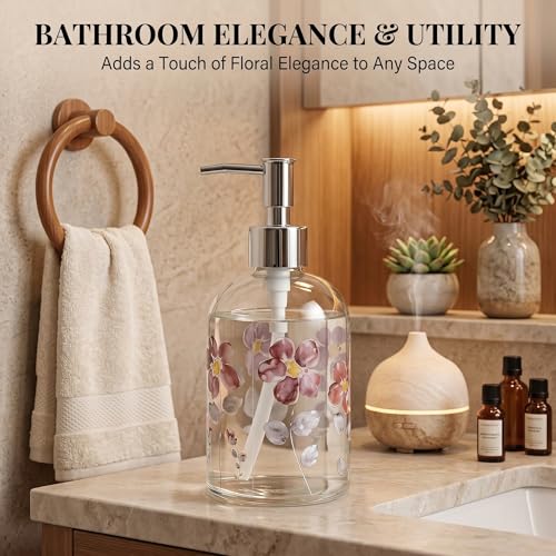 Topadorn Hand and Dish Soap Dispenser Set, 2 Pack 17oz Glass Soap Dispensers with Pump, Refillable Kitchen Soap Bottles, Floral & Goldfinch Decorative Bathroom Counter Decor - color: Purple&bird
