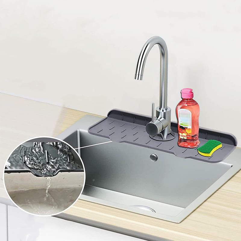 2Pcs Silicone Kitchen Sink Splash Guard Faucet Handle Drip Catcher Tray Mat For Kitchen Counter Bathroom Kitchen (Grey) - color: Grey
