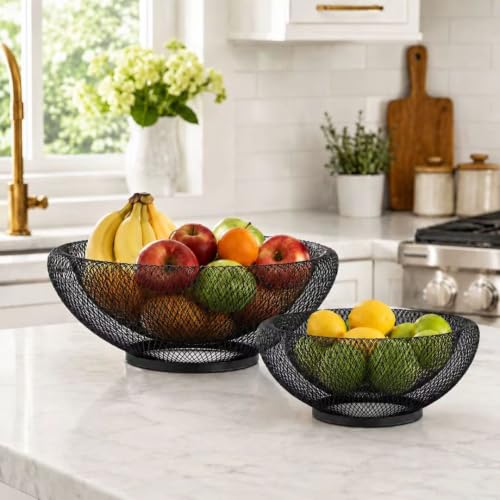 2 Set Modern Black Wire Mesh Decorative Bowls– Openwork Fruit Baskets for Bread, Snacks, Storage Trays for Kitchen, Living Room and Home décor. (12”x5”) (10”x4”) - size: 12"ï¼ 10"