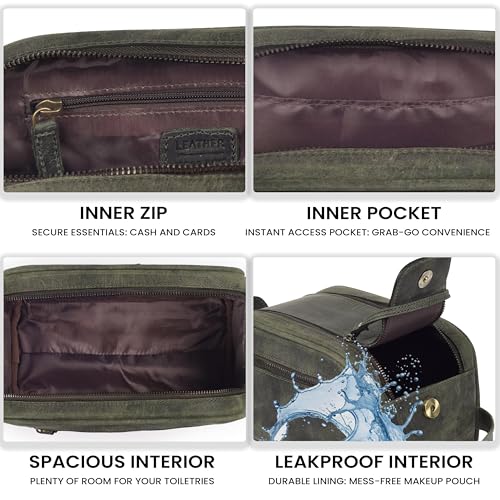 LEATHER VILLAGE Genuine Leather Toiletry Travel Pouch With Waterproof Lining - Olive | King-Size Handcrafted Vintage Dopp Kit Bag, Shaving & Bathroom Organizer, Gift for Men & Women - color: Olive